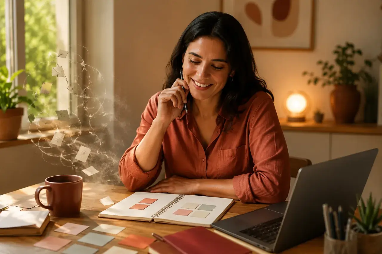 Mulher organizando ideias em uma sequência de estudo simples